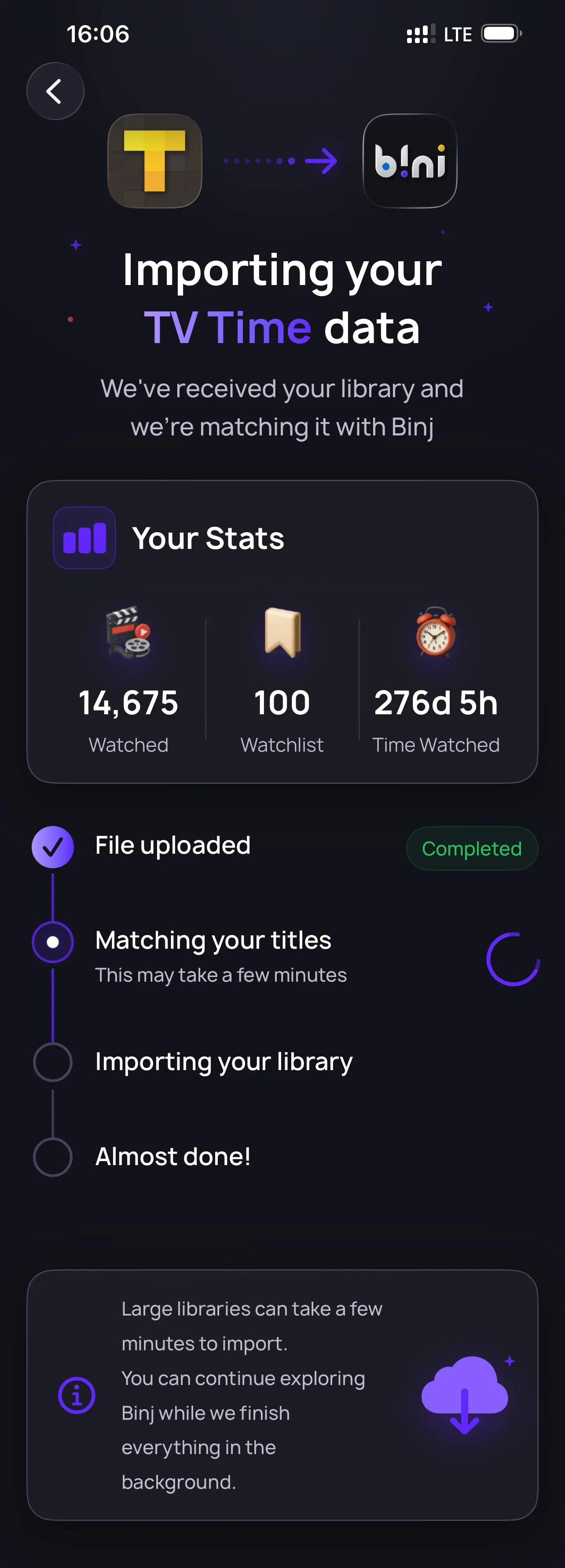 Binj importing an existing watch history from TV Time