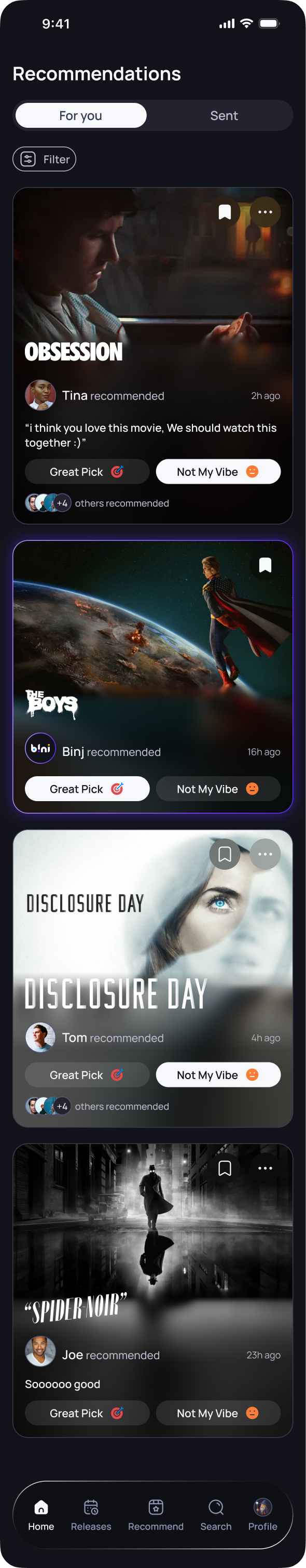 Binj recommendations feed with movie and TV picks shared by friends and Binj