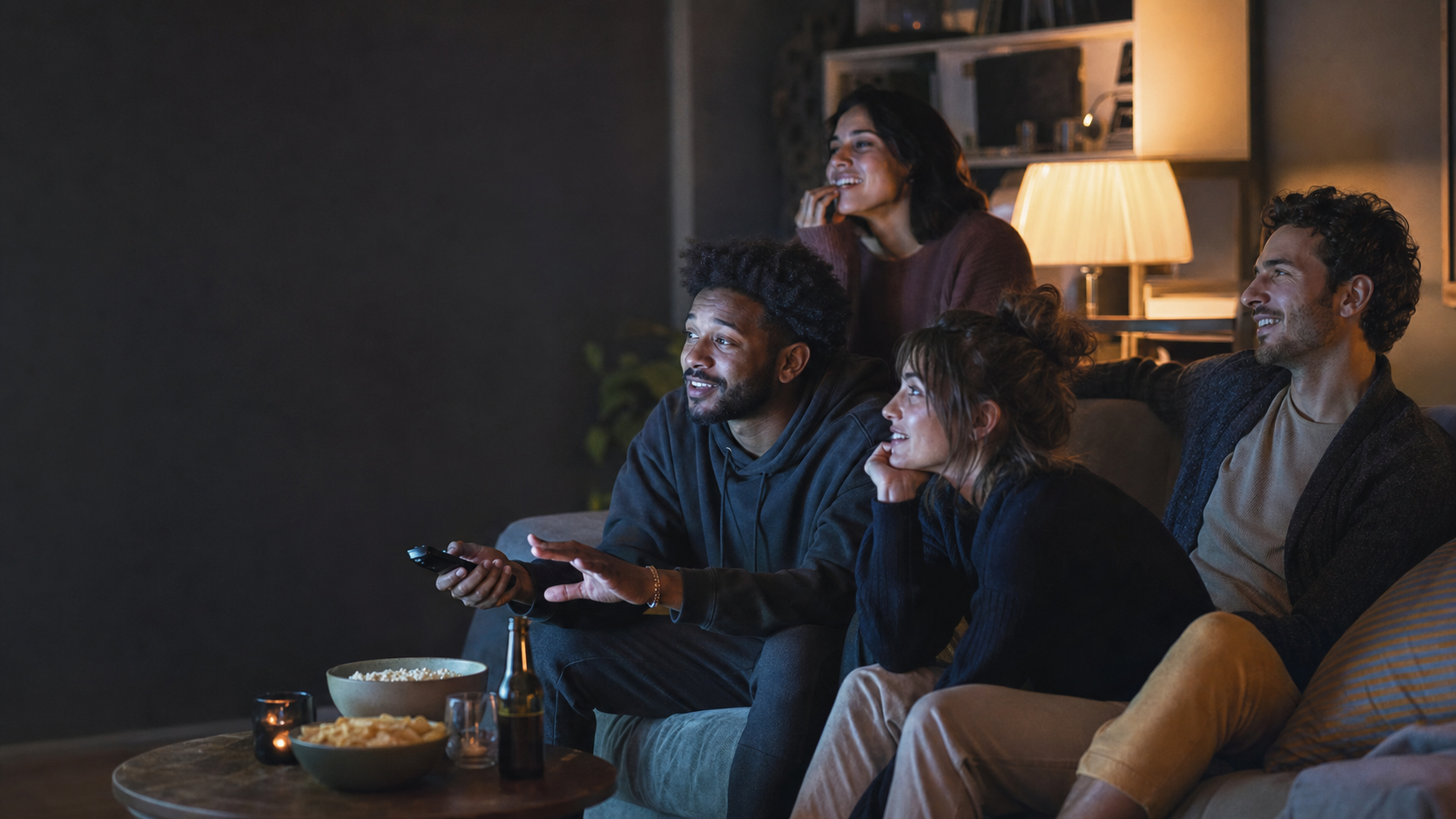 Friends enjoying a movie night together with Binj