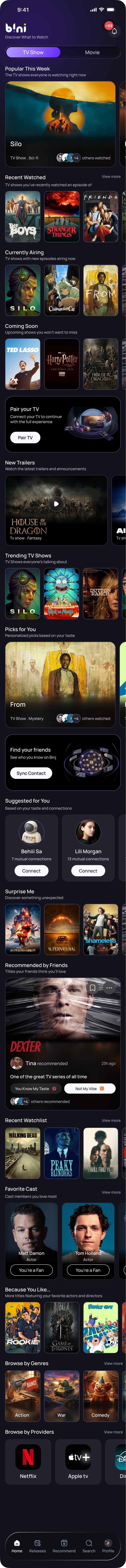 Binj app home screen showing TV shows, movies, friend recommendations, trailers, genres, and streaming providers