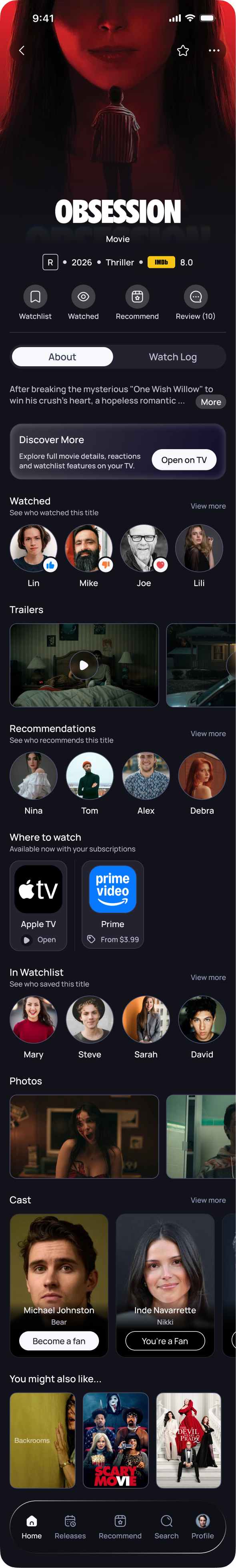 Binj movie detail screen with title actions, trailers, recommendations, streaming providers, watchlist, photos, cast, and related titles